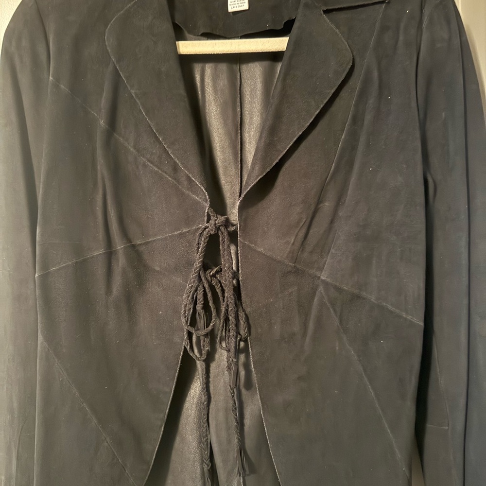 Vakko black suede jacket with tassel ties front and back